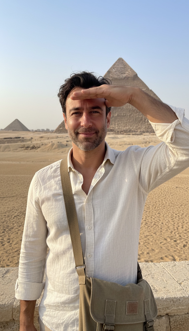 Amad Elia standing before the Pyramids of Giza in Egypt