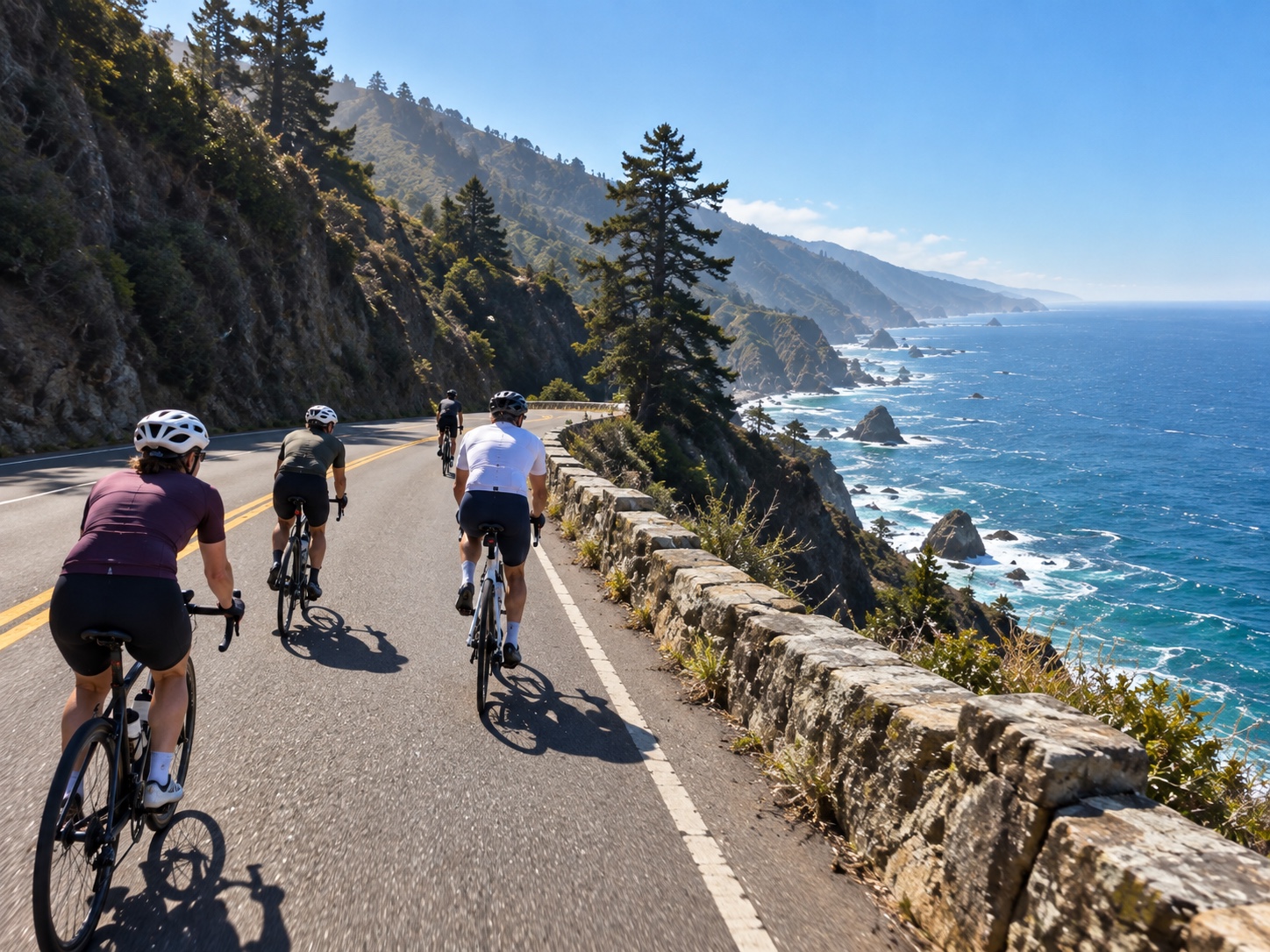 Four cyclists following a coastal bend beside a stone barrier, with steep cliffs and the Pacific Ocean beyond