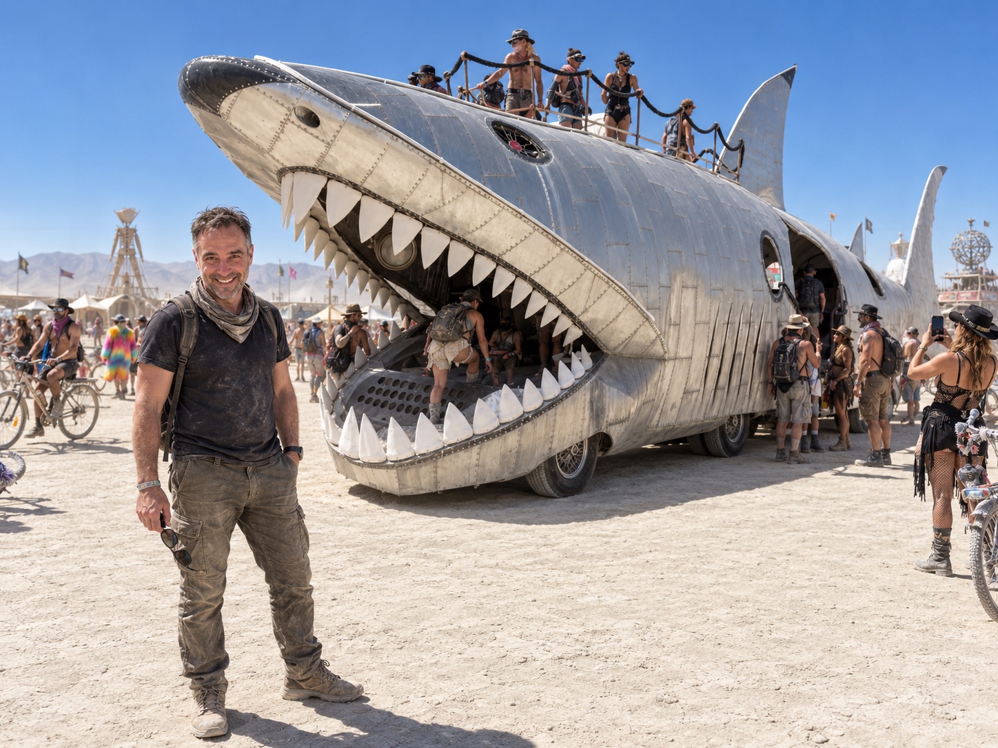 Amad Elia beside a large metal shark art car at Burning Man