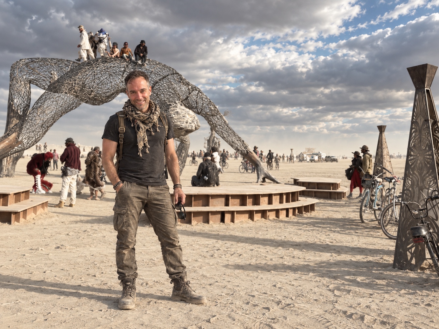 Amad Elia standing beside a monumental wire figure on the Playa at Burning Man