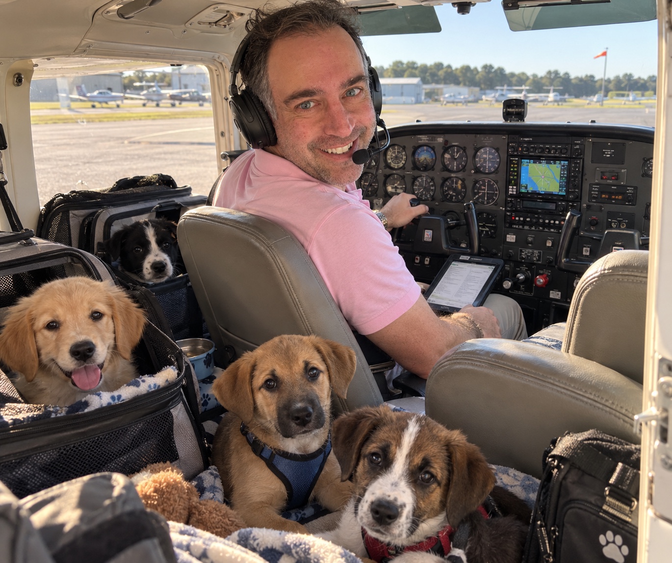 Amad Elia in the cockpit of a Cessna 172 with four rescue puppies secured in the cabin