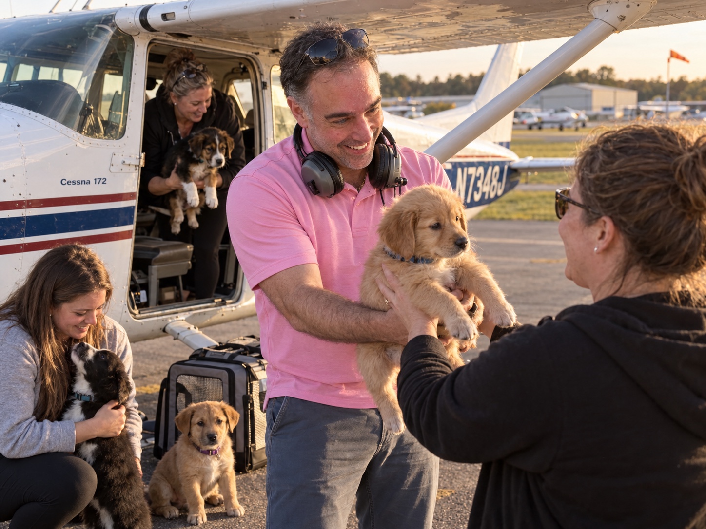 Amad Elia handing a rescued golden puppy to a volunteer beside a Cessna 172 after landing