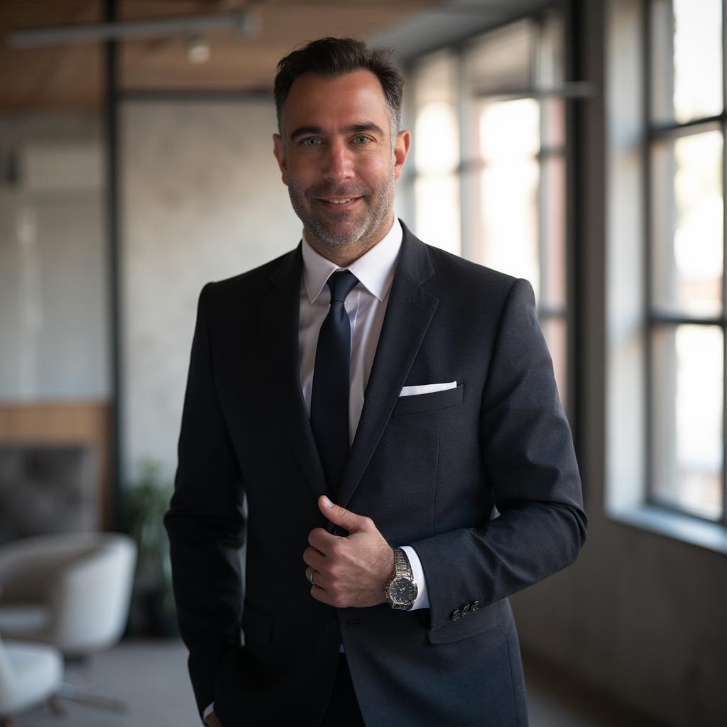 Amad Elia in a dark suit in a contemporary office
