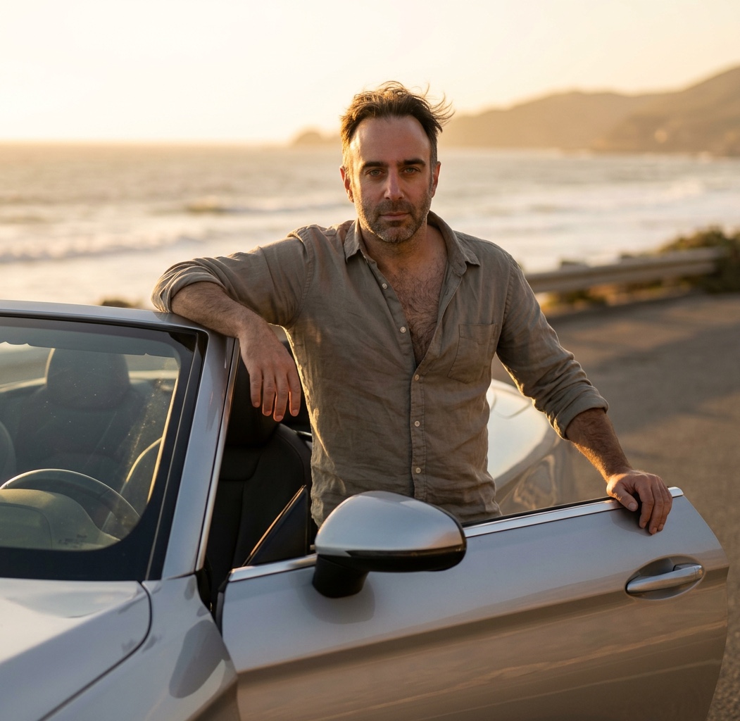 Amad Elia beside a convertible on the coast at sunset