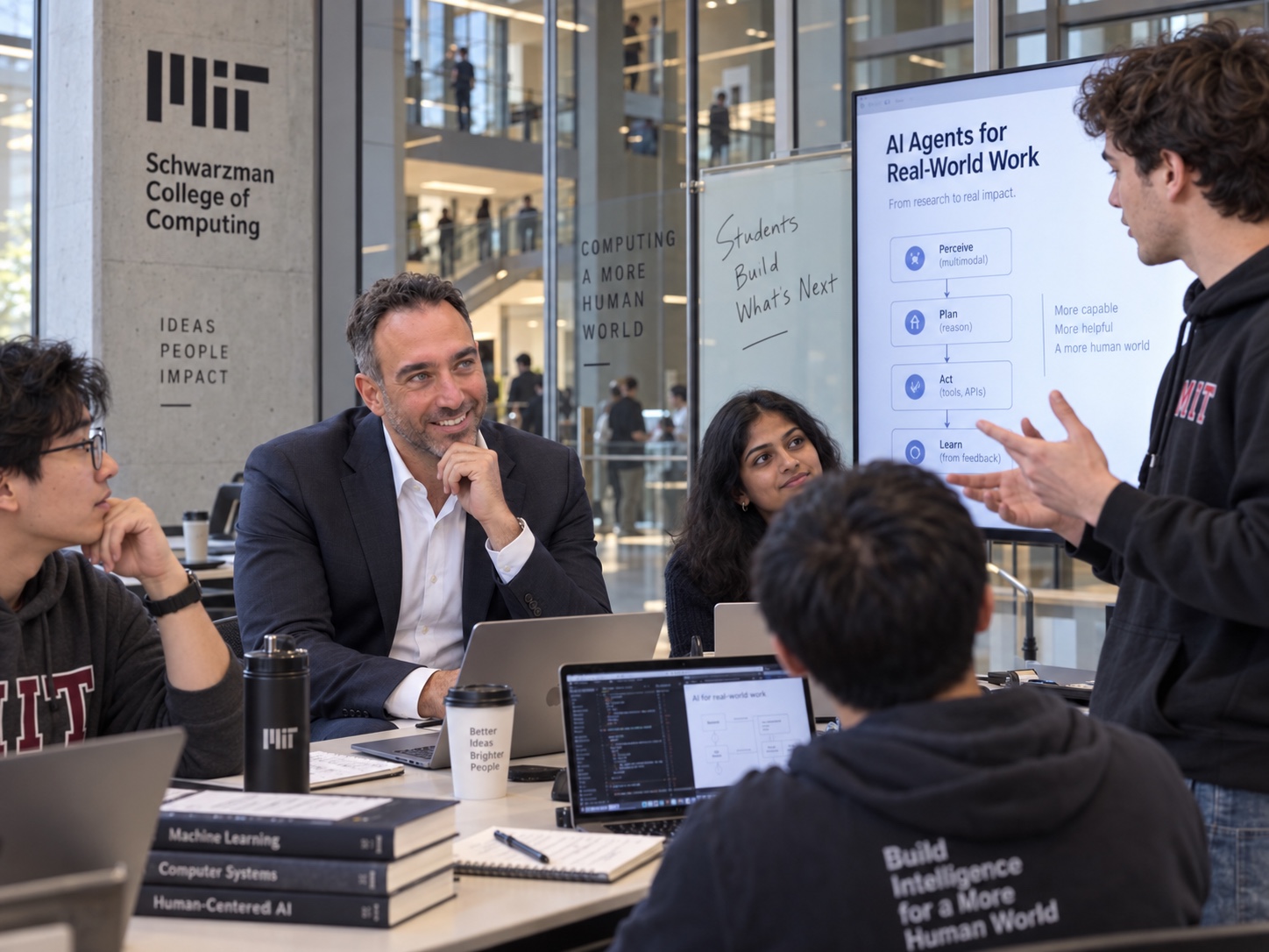 Amad Elia listening to students discuss AI agents at MIT Schwarzman College of Computing